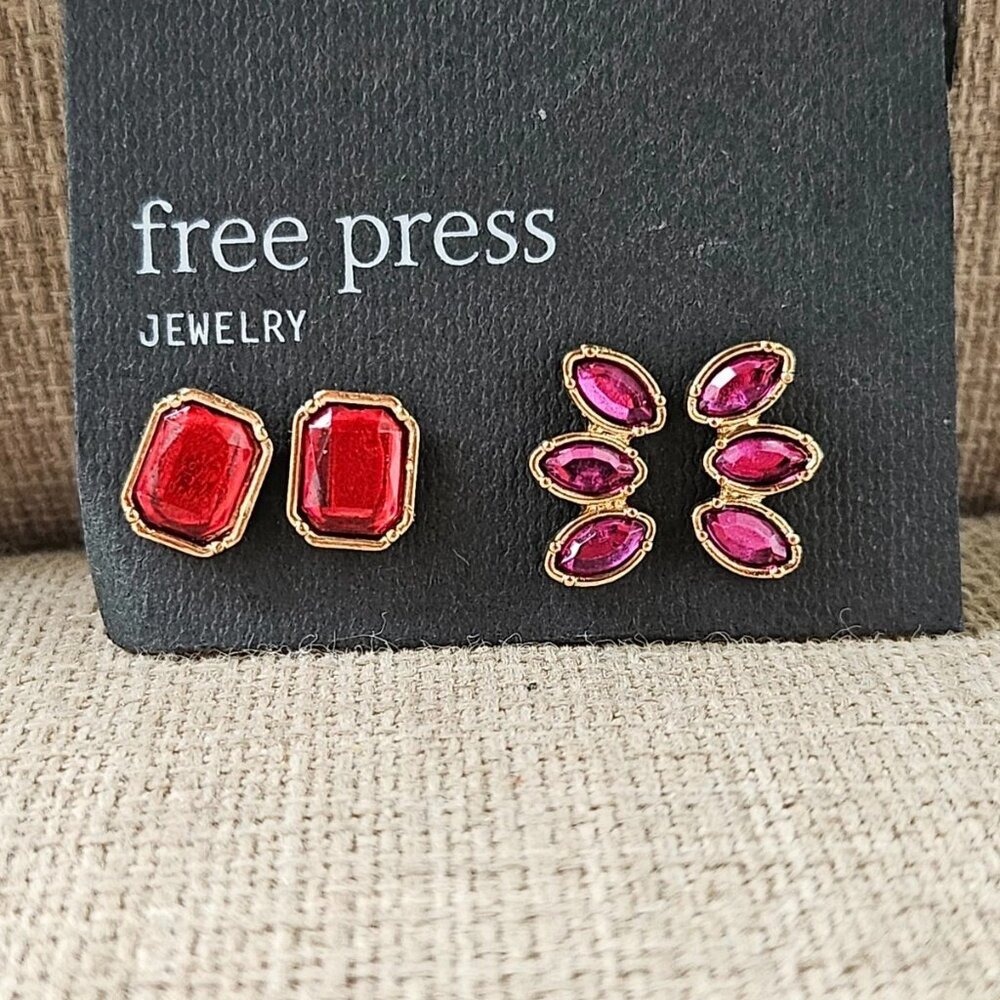Free Press Set of 2 Earrings Red and Purple Tone Crystal Gold Tone Fashion Jewel